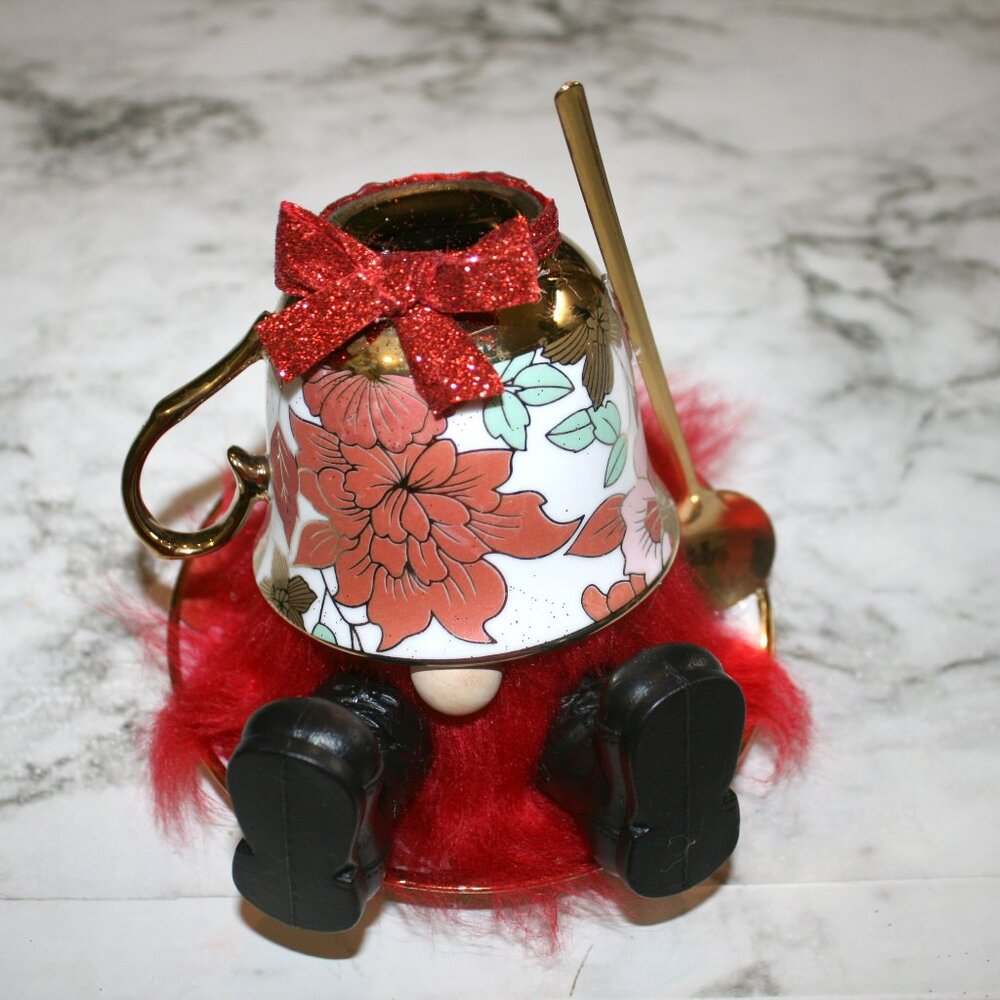 HAND CRAFTED Gnome Tea Cup and Saucer Set Floral Metallic Home Decor Red